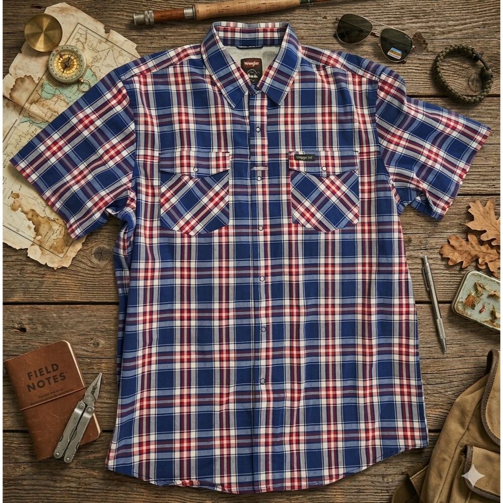 Wrangler Mens Large Blue Red Plaid Short Sleeve Pearl Snap Shirt Outdoor Western